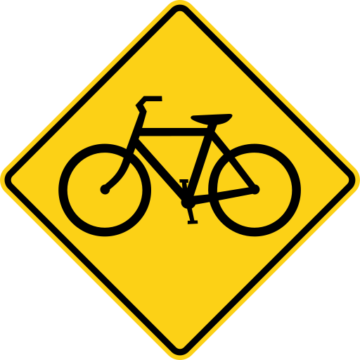 A yellow diamond sign with a black border and a black bicycle shown from the side.