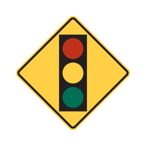 A yellow diamond sign with a vertical traffic signal symbol that shows red, yellow and green circles.