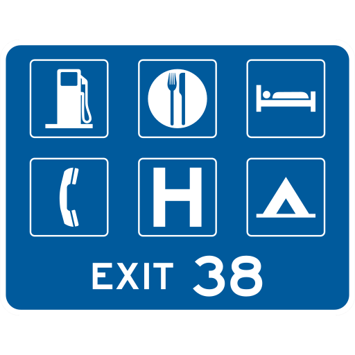 A blue sign with a white border and six white symbols in boxes: a fuel pump, a fork and knife in a circle, a bed, a telephone, the letter H and a tent, above the words EXIT 38.