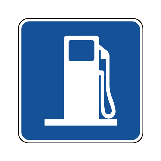 A blue square sign with a white fuel-pump symbol.